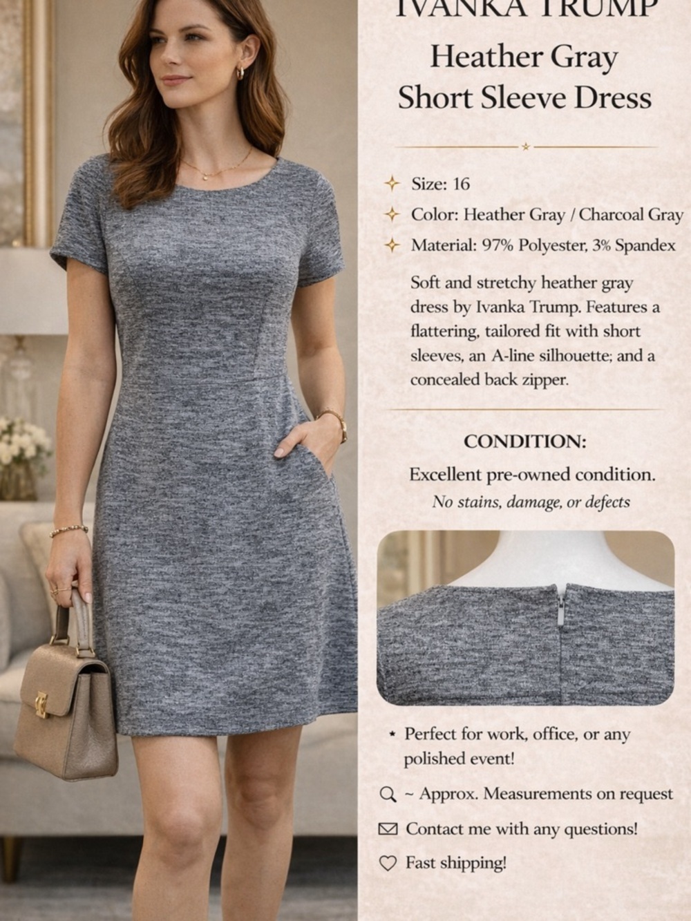 Ivanka Trump Heather Charcoal Gray Short Sleeve A-Line Dress